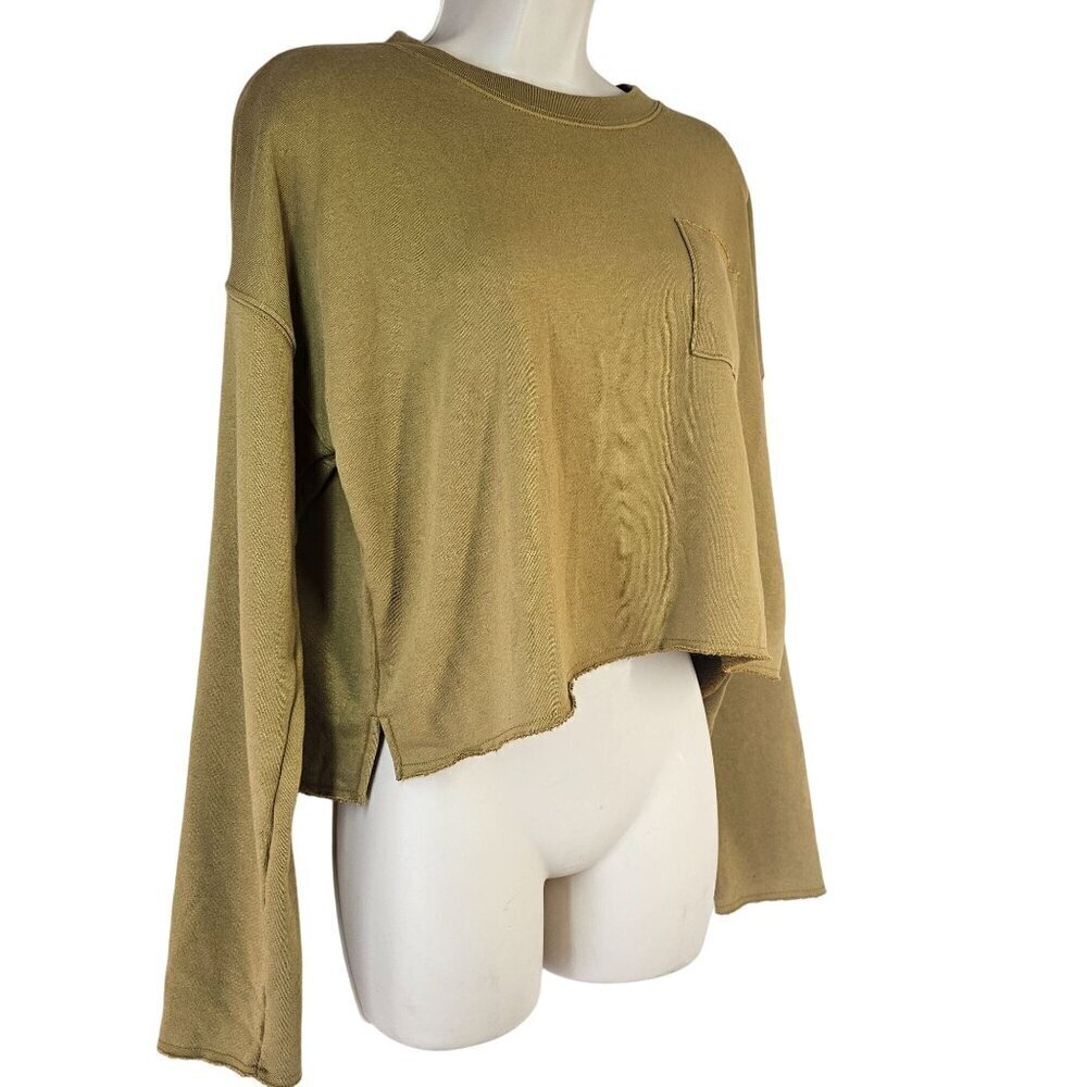 Aerie Cropped Boatneck Sweatshirt Womens Size M Olive Cotton Blnd Raw Hem